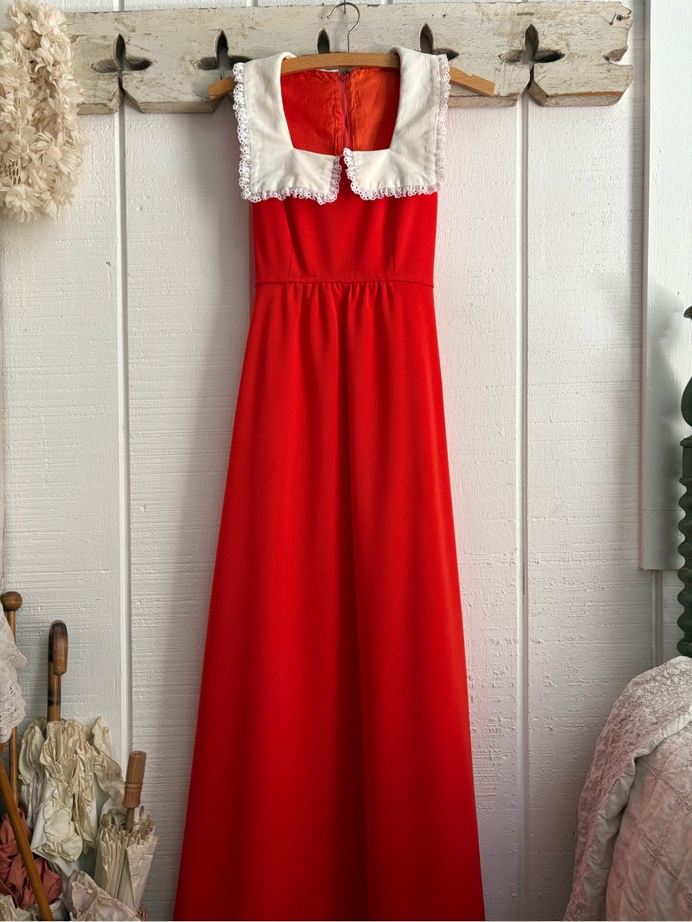 Vintage Union Made USA Rediish orange Maxi Dress with White Lace Collar XS
